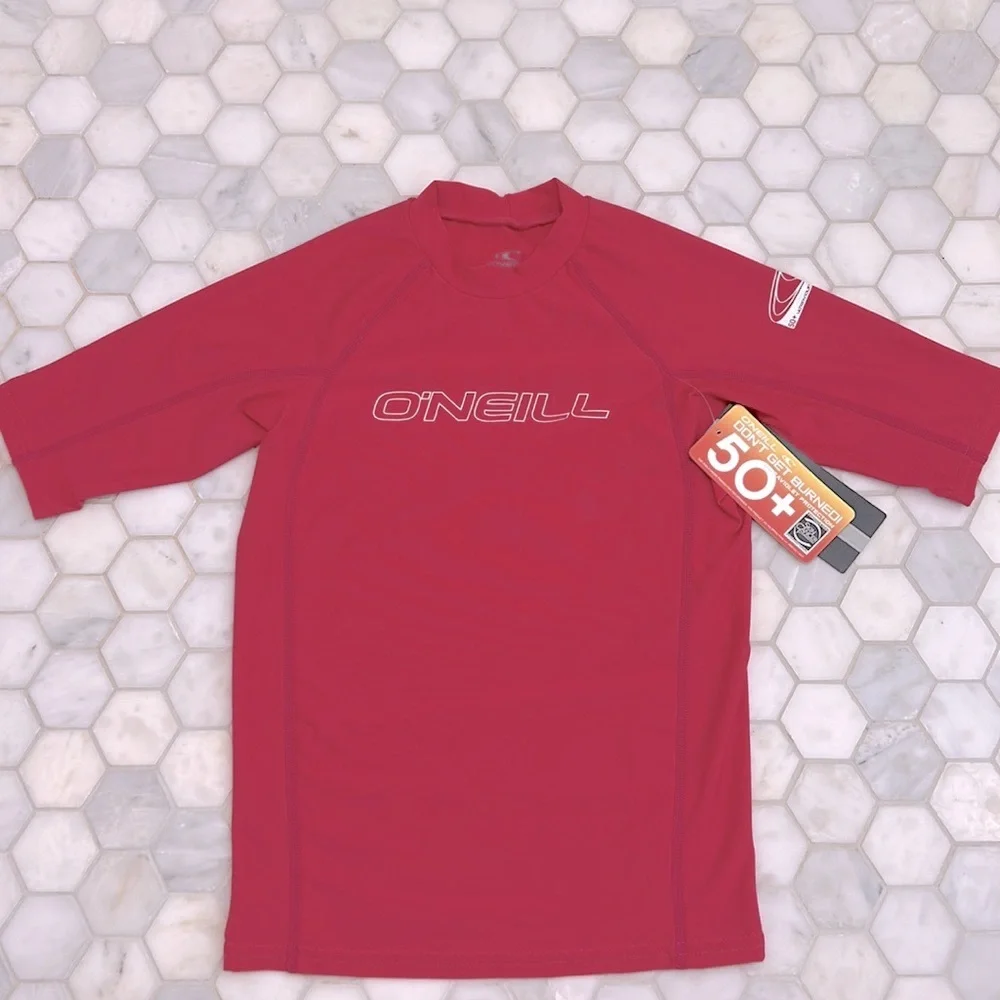 🆕 O’Neill Short Sleeved RashGuard Swim Shirt In Pink Watermelon Size 14